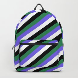 [ Thumbnail: Sea Green, Medium Slate Blue, White & Black Colored Striped/Lined Pattern Backpack ]