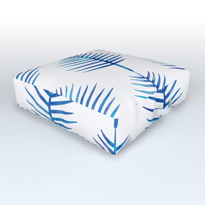 Watercolor Palm Leaves Blue and White Outdoor Floor Cushion