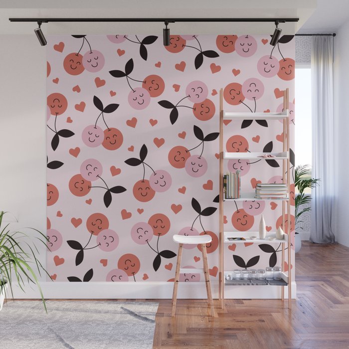 In Love Cherry Pattern in Red Wall Mural