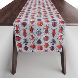 These don't bug me // light grey background neon red and black and ivory retro paper cut beetles and insects Table Runner