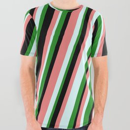 [ Thumbnail: Forest Green, Black, Light Coral & Light Cyan Colored Stripes/Lines Pattern All Over Graphic Tee ]