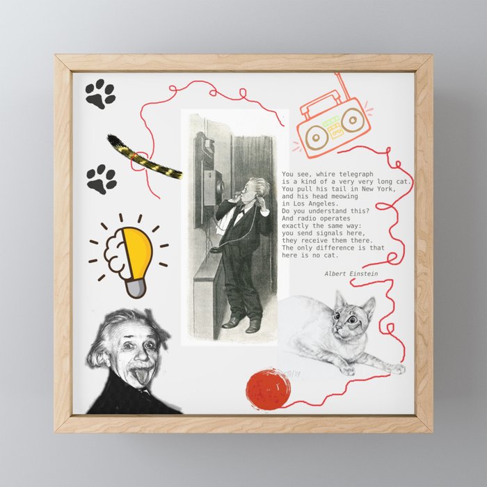 Cat, telephone and Albert Einstein quote Framed Mini Art Print