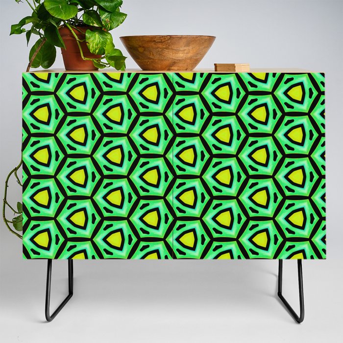 Spring brilliance. Modern, abstract, geometric pattern in bright green, light green, turquoise, yellow, black Credenza