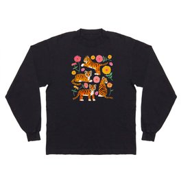 Tiger Cubs and Zinnias on Turquoise Long Sleeve T-shirt