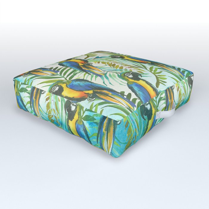 Watercolor blue yellow tropical parrot bird floral Outdoor Floor Cushion