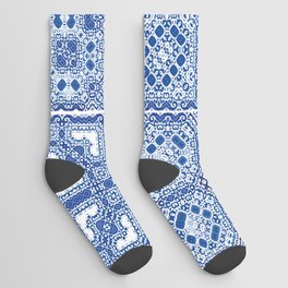 Traditional ornate portuguese azulejos. Fashionable design. Kit of vintage seamless patterns. Blue abstract background Socks