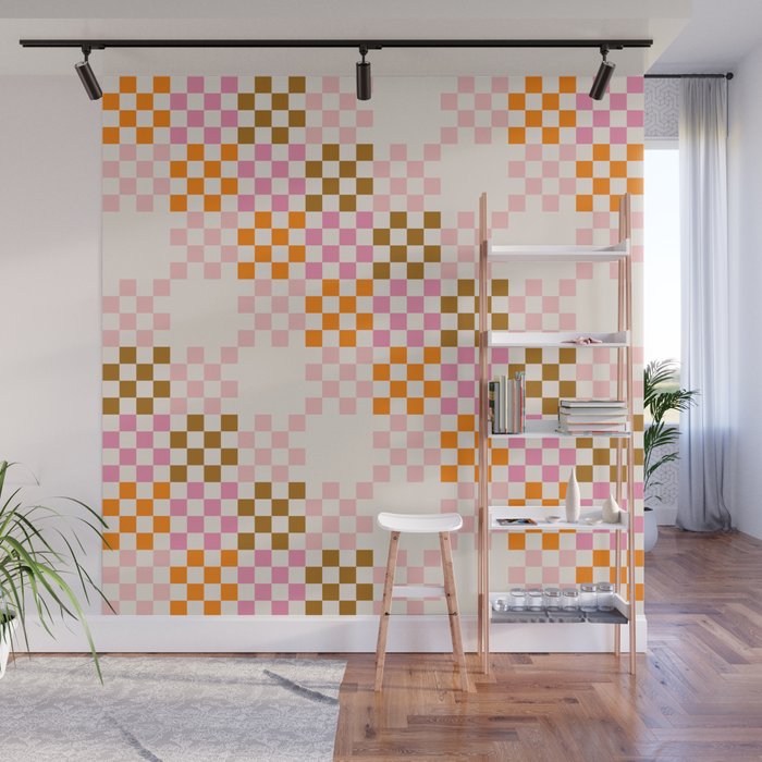 Pink + Tan + Orange Chequered Pattern Wall Mural