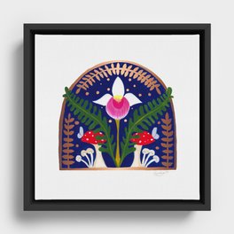 Showy Lady Slipper with ferns and mushrooms Framed Canvas