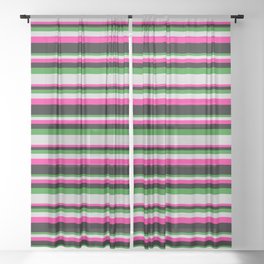 [ Thumbnail: Forest Green, Light Gray, Deep Pink, and Black Colored Stripes Pattern Sheer Curtain ]