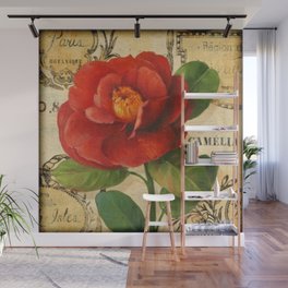 French card shabby chic red Camelia Wall Mural