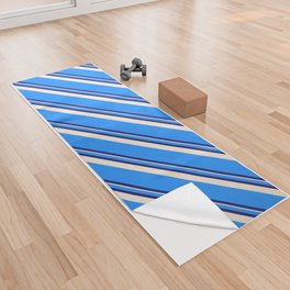[ Thumbnail: Blue, Midnight Blue, and Beige Colored Striped Pattern Yoga Towel ]