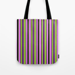 [ Thumbnail: Green, Indigo, Violet, and Black Colored Lines/Stripes Pattern Tote Bag ]