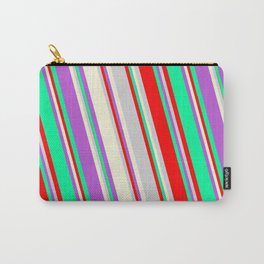 [ Thumbnail: Colorful Orchid, Green, Red, Light Gray, and Beige Colored Striped/Lined Pattern Carry-All Pouch ]