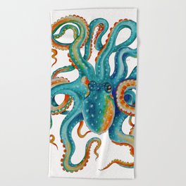 Octopus Teal Watercolor Ink Beach Towel