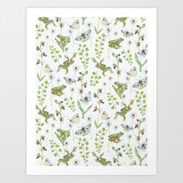 Spring Frogs and Orchids - Light Green Art Print