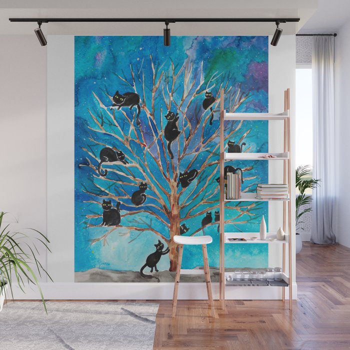 Black cats on tree Painting Wall Poster Watercolor Wall Mural