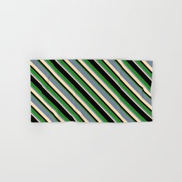 [ Thumbnail: Light Slate Gray, Beige, Black, and Forest Green Colored Lined Pattern Hand & Bath Towel ]