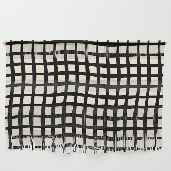 Warped Modern Minimalist Grid in Black and Almond Cream Wall Hanging