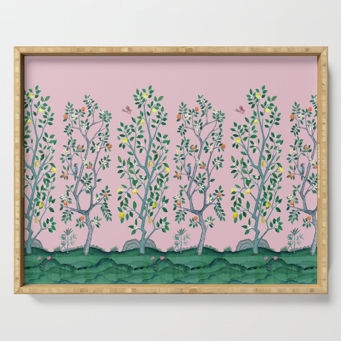 Citrus Grove Chinoiserie Mural in Pink Serving Tray
