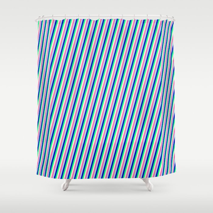 Colorful Hot Pink, Light Blue, Blue, Green & Beige Colored Striped/Lined Pattern Shower Curtain