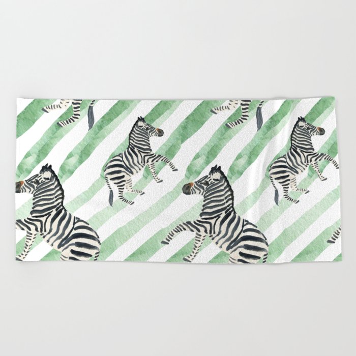 Green Striped Zebras Beach Towel