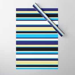 [ Thumbnail: Tan, Deep Sky Blue, Midnight Blue, Black & White Colored Lines Pattern Wrapping Paper ]