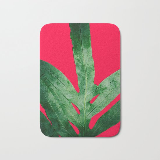 Green Fern on Bright Red Bath Mat
