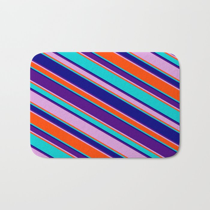 Eyecatching Dark Turquoise, Blue, Indigo, Plum, and Red Colored Lined/Striped Pattern Bath Mat