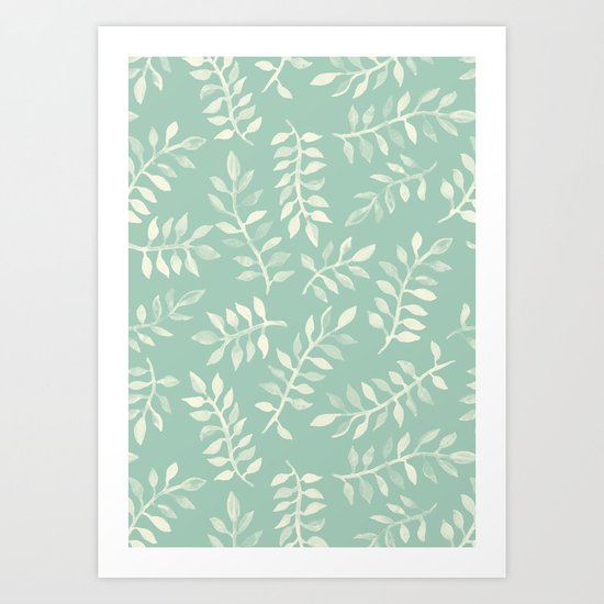 Painted Leaves - a pattern in cream on soft mint green Art Print