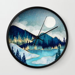 Morning Stars Wall Clock | Wanderlust, Blue, Contemporary, Water, Nature, Moon, Mountians, Forest, Digital, Sun 