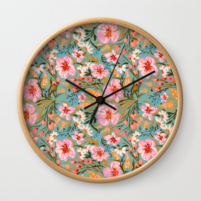 Spring flowers pattern in green background  Wall Clock
