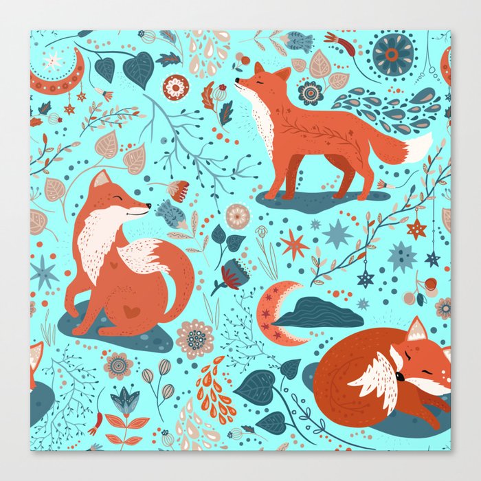 Foxes in the Garden - Aqua Blue Canvas Print
