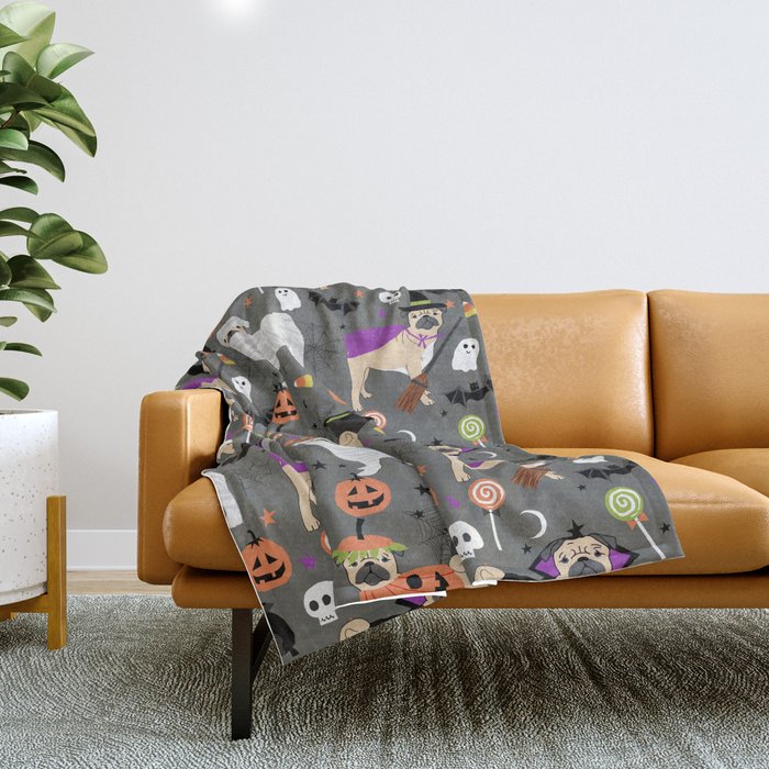 Pug halloween costumes mummy witch vampire pug dog breed pattern by pet friendly Throw Blanket