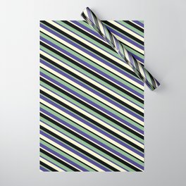[ Thumbnail: Dark Sea Green, Dark Slate Blue, Light Yellow & Black Colored Lined/Striped Pattern Wrapping Paper ]