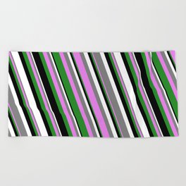 [ Thumbnail: Colorful Gray, Violet, Forest Green, Black & White Colored Striped Pattern Beach Towel ]