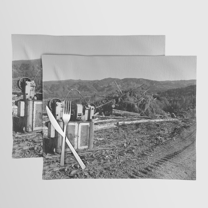 Sky Car Logging Road Forest Northwest Industrial Machinery Black and White Oregon Placemat