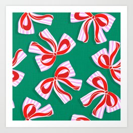 Retro Kitsch Christmas Ribbons on Stripy Bows - Red and Green Art Print