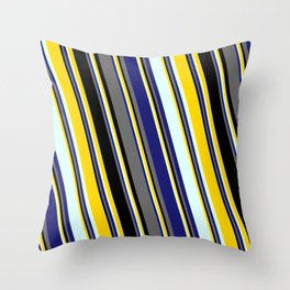 [ Thumbnail: Yellow, Light Cyan, Midnight Blue, Dim Grey & Black Colored Striped Pattern Throw Pillow ]