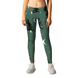 Christmas universe pine tree forest night Stars Moon Green Leggings | Winter, Tree, Christmas, Outdoors, Holiday, Gift, Moon, Landscape, Present, Night 