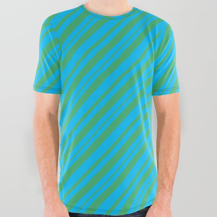 Deep Sky Blue & Sea Green Colored Stripes Pattern All Over Graphic Tee