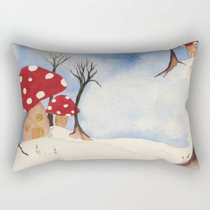 Mushroom Houses in Winter by Twelve Little Tales Rectangular Pillow