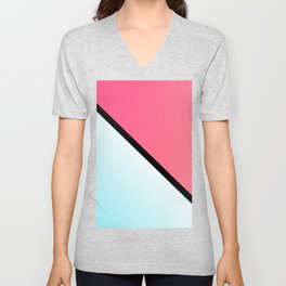 Modern Pink Coral Teal Black Striped Minimalist Gradient V Neck T Shirt