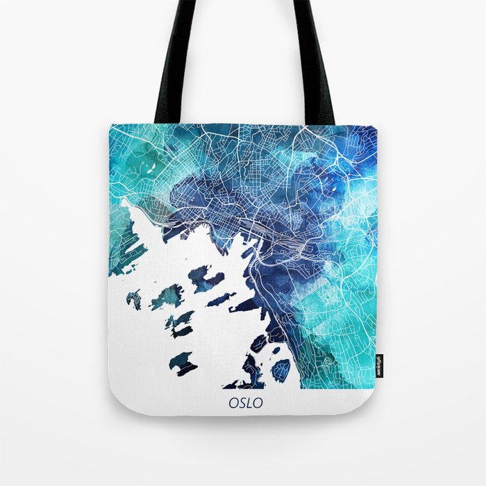 Oslo Norway Map Navy Blue Turquoise Watercolor Tote Bag