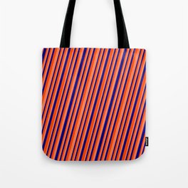 [ Thumbnail: Blue, Red & Coral Colored Lines/Stripes Pattern Tote Bag ]