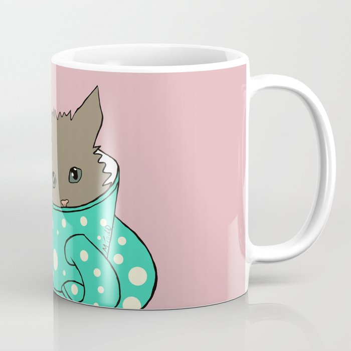 Fluffy Kitten In A Teacup Pink Background Coffee Mug | Drawing, Digital, Kitten, Kitten-in-teacup, Teacup, Teal-teacup, Polka-dots, Kitty, Cat, Fluffy-kitten