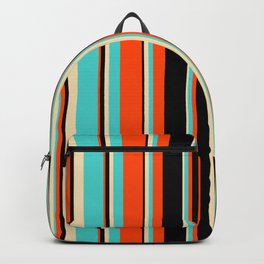 [ Thumbnail: Red, Black, Tan & Turquoise Colored Lined/Striped Pattern Backpack ]