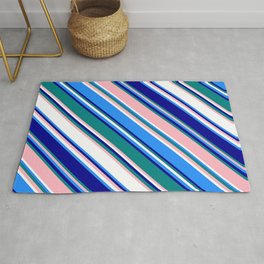 [ Thumbnail: Colorful Blue, Dark Blue, Teal, Light Pink, and White Colored Lines Pattern Rug ]