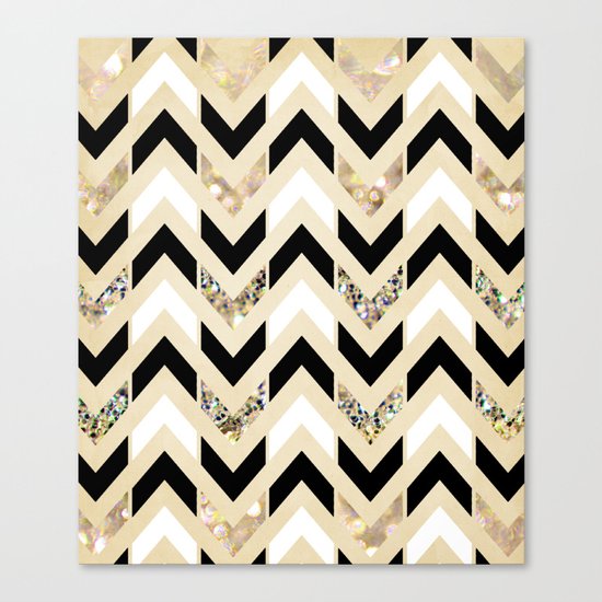 Black, White & Gold Glitter Herringbone Chevron on Nude Cream Canvas Print