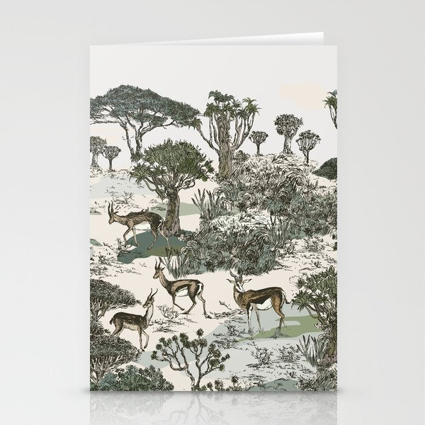 Seamless Panorama Safari Wildlife, African Animals in National Park Landscape, Antelopes in Savannah, Trees Panoramic View Hand Drawn Illustration, Mural hand drawn Design Stationery Cards