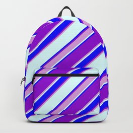[ Thumbnail: Dark Violet, Plum, Light Cyan & Blue Colored Lined/Striped Pattern Backpack ]